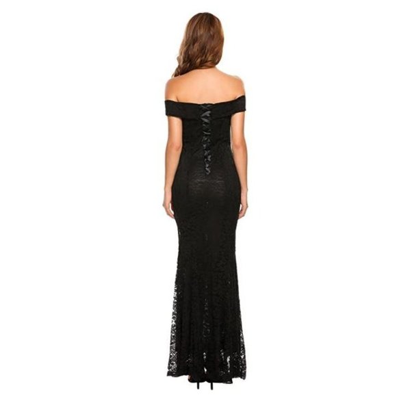 Floral Lace Off Shoulder Mermaid Cocktail Evening Bodycon Maxi Dress Black - Picture 3 of 4